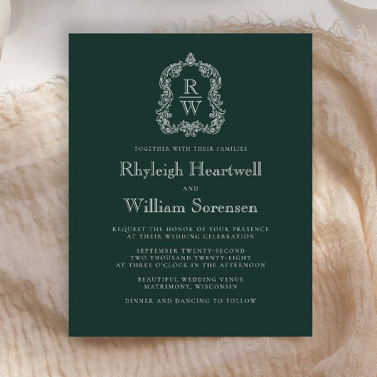 Budget Forestgroene Monogram Wapen Huwelijksuitnod
