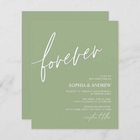 Budget Forever Love Sage Green Wedding Invitation (Voorkant / Achterkant)