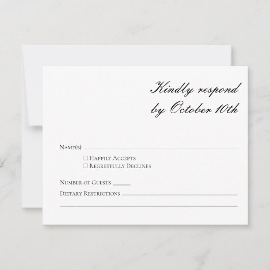 Budget formeel zwart en wit script RSVP kaart Notitiekaartje (Voorkant)