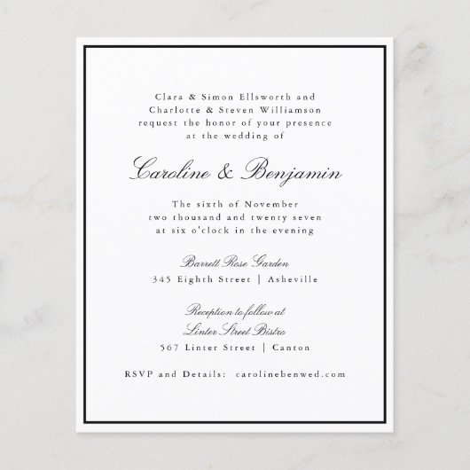 Budget Formele Script Border Wedding RSVP Uitnodig (Voorkant)