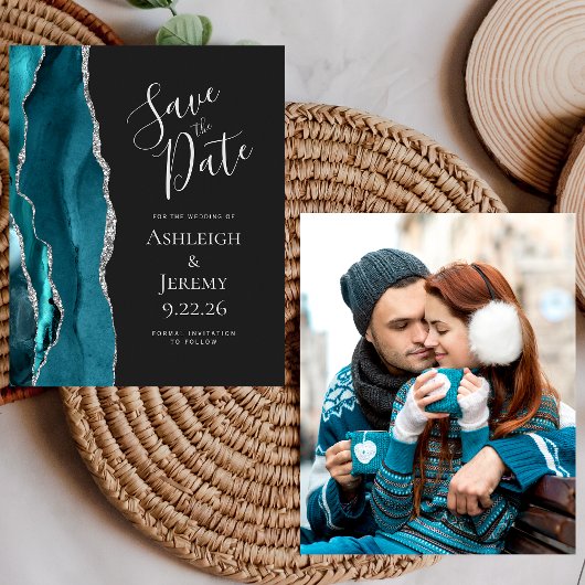 Budget Foto Agaat Teal Zilver Donker Save the Date