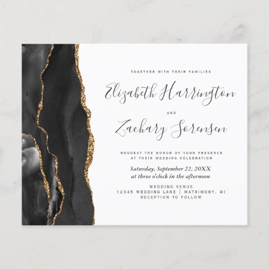 Budget Foto Black Gold Agate Wedding Invitation (Voorkant)