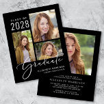Budget Foto Black Graduparty Uitnodiging<br><div class="desc">Budget-vriendelijke zwarte afstuderen aankondiging en feestuitnodiging met een 3 afbeelding fotocollage en "Afstuderen" in een stijlvolle witte script typografie, en de naam van het afstudeerder, het schooljaar en de school of universiteit in de hedendaagse witte typografie. Aan de andere kant, voeg een extra foto en de afstudeerfeest details. Dit budget...</div>