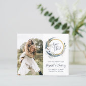 Budget Foto Boho Blue Floral Moon Save the Date (Staand voorkant)
