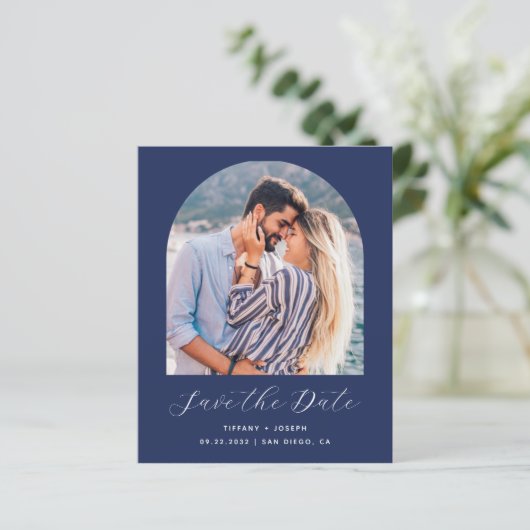 Budget Foto Boog Marine Blauw Save the Date (Staand voorkant)