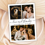 Budget Foto Collage Weddenschap Hartelijk dank<br><div class="desc">Begroting, Modern, Elegant, Hand Lettering Wedding Three Photo Collage Dank u, betaalbaar, dunne kaart met laag budget. Minimalistische bruiloft bedankt je sjabloon met drie foto's aan de voorkant en één foto aan de achterkant. Met de tekst "Liefde en bedankt" in een handgeschreven lettertype met letterschrift met lettergrootte en met een...</div>