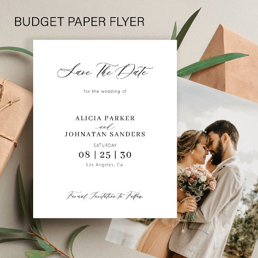 Budget foto eenvoudige elegante bruiloft bespaar d flyer