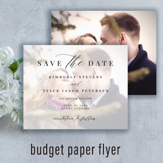 Budget foto elegante script huwelijksaankondiging flyer
