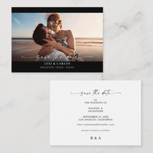 Budget Foto en kalligrafie 3 Mod Hor Save Date Notitiekaartje (Voorkant / Achterkant)