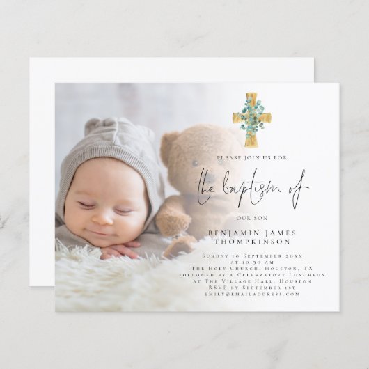 Budget Foto Eucalyptus Cross Baptisme Uitnodigen (Voorkant / Achterkant)
