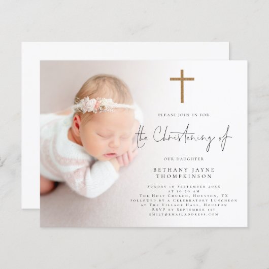 Budget foto Gouden Glitter Cross doopuitnodiging (Voorkant / Achterkant)