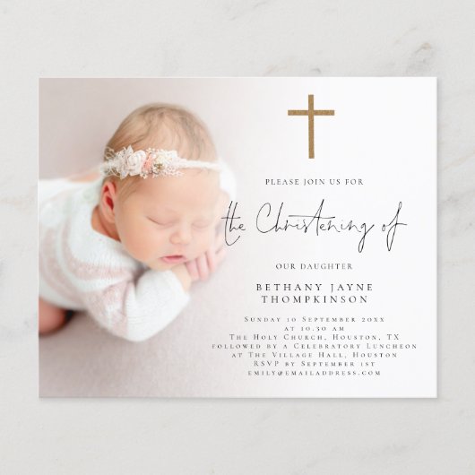 Budget foto Gouden Glitter Cross doopuitnodiging (Voorkant)