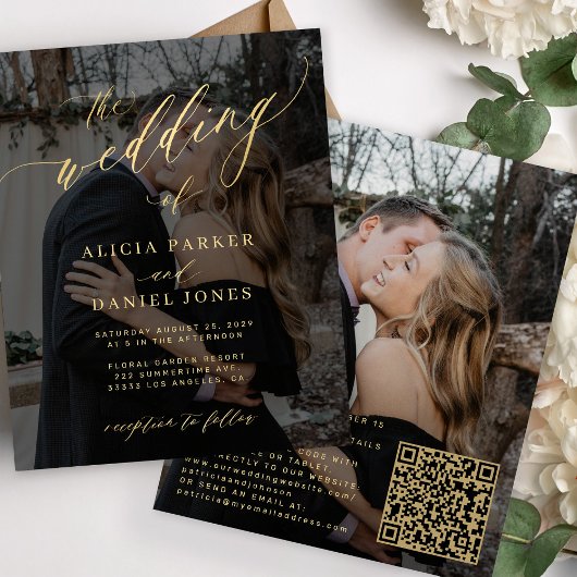 Budget foto gouden QR code RSVP trouwuitnodiging