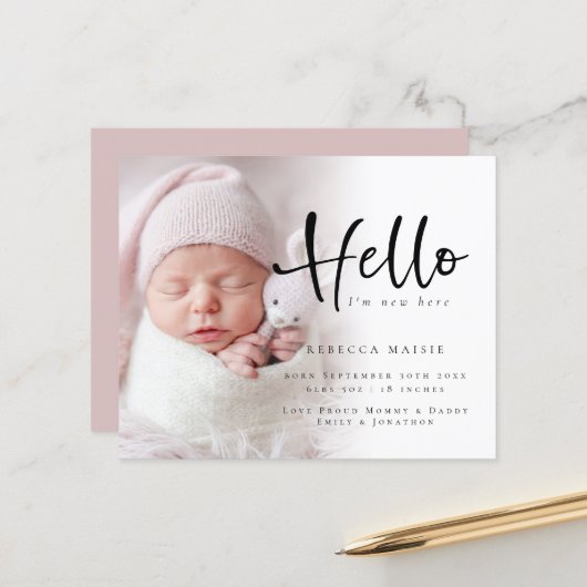 Budget Foto Hallo Girl Pink Birth Aankondiging (Voorkant / Achterkant in situ)