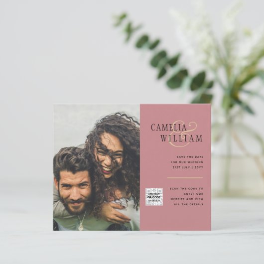 Budget Foto Huwelijksuitnodiging Bewaar Datum QR C (Staand voorkant)