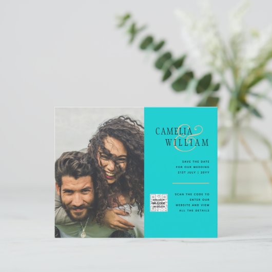Budget Foto Huwelijksuitnodiging Bewaar Datum QR C (Staand voorkant)