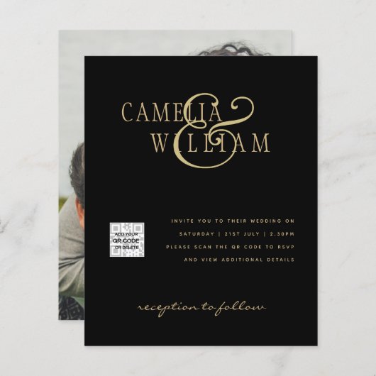 Budget Foto Huwelijksuitnodiging Bewaar Datum QR C (Voorkant / Achterkant)