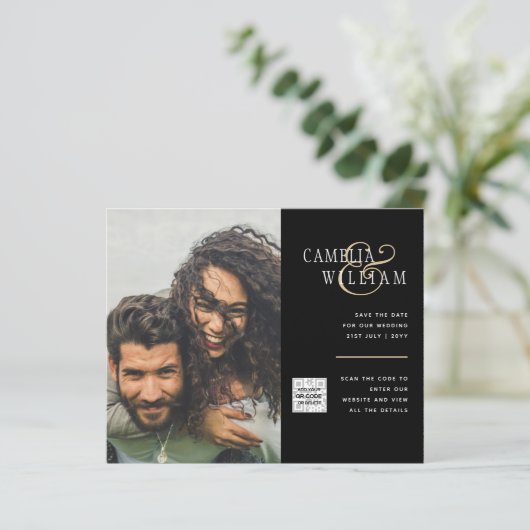 Budget Foto Huwelijksuitnodiging Bewaar Datum QR C (Staand voorkant)
