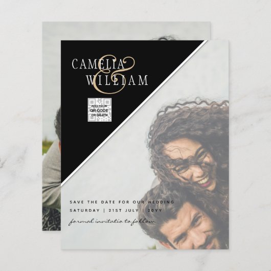 BUDGET Foto Huwelijksuitnodiging Bewaar Datum QR C (Voorkant / Achterkant)