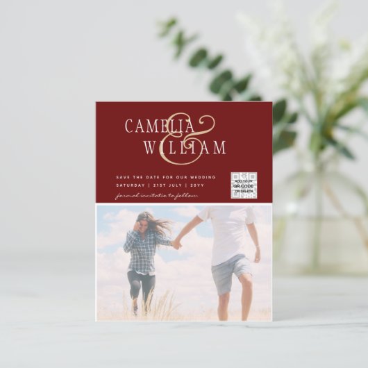 BUDGET Foto Huwelijksuitnodiging Bewaar Datum QR C (Staand voorkant)
