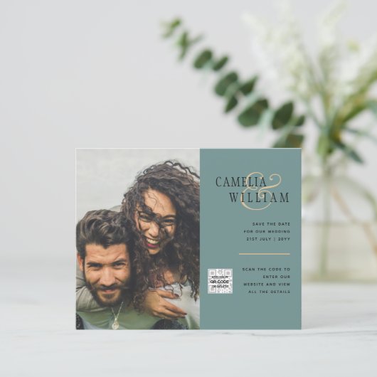 Budget Foto Huwelijksuitnodiging Bewaar Datum QR C (Staand voorkant)