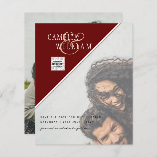 BUDGET Foto Huwelijksuitnodiging Bewaar Datum QR C (Voorkant / Achterkant)