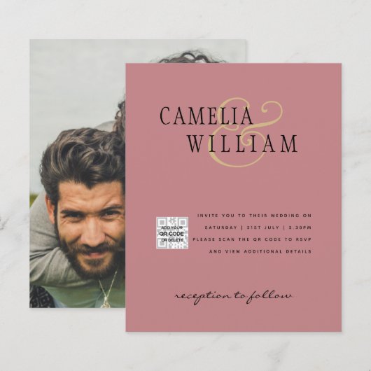 Budget foto huwelijksuitnodiging save date QR-code (Voorkant / Achterkant)