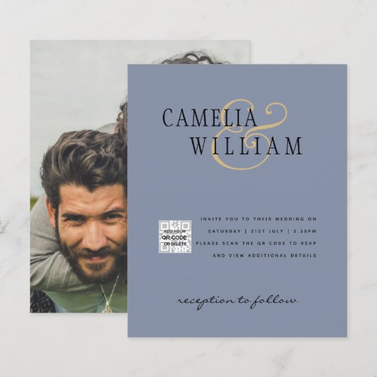 Budget foto huwelijksuitnodiging save date QR-code (Voorkant / Achterkant)