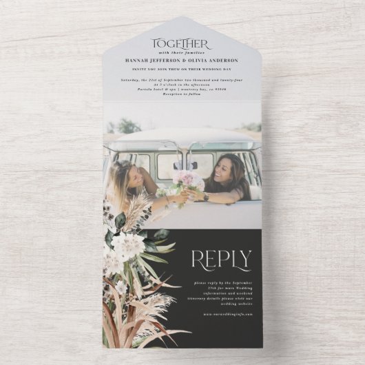 Budget foto pampas eucalyptus bruiloft all in one uitnodiging (Binnen)