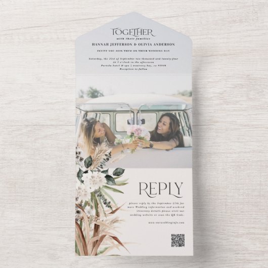 Budget foto pampas eucalyptus bruiloft QR code All In One Uitnodiging (Binnen)