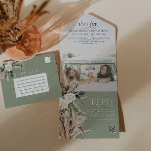 Budget foto pampas eucalyptus bruiloft QR code All In One Uitnodiging