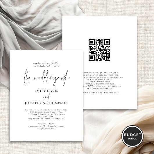 Budget Foto QR Code Elegant Script Wedding Uitnodi