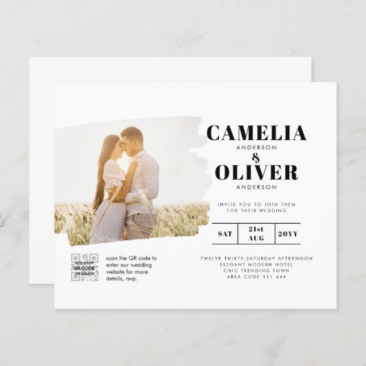 BUDGET FOTO QR CODE Huwelijksuitnodiging RSVP Deta (Voorkant / Achterkant)