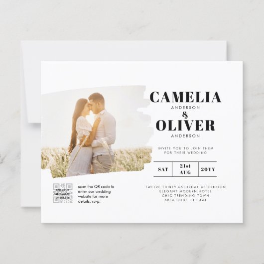 BUDGET FOTO QR CODE Huwelijksuitnodiging RSVP Deta (Voorkant)
