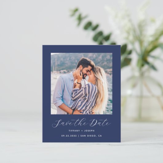 Budget Foto QR Code Navy Blue Save the Date (Staand voorkant)