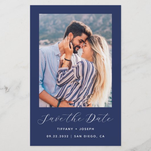 Budget Foto QR Code Navy Blue Save the Date (Voorkant)