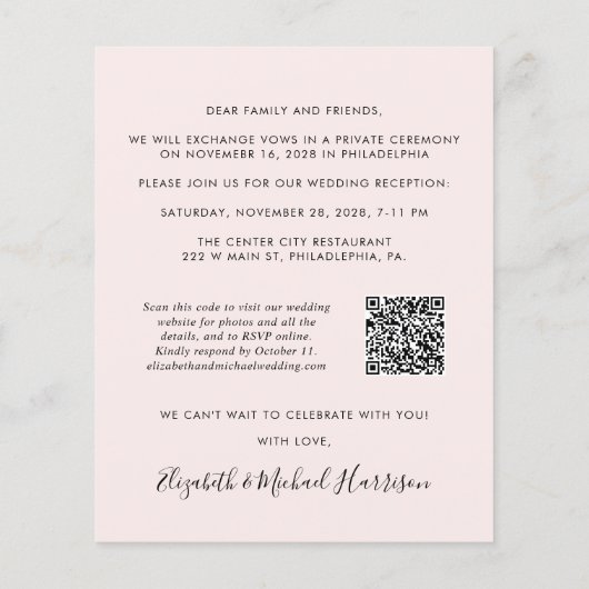 Budget Foto QR Code Roze bruiloft Ontvang uitnodig (Achterkant)