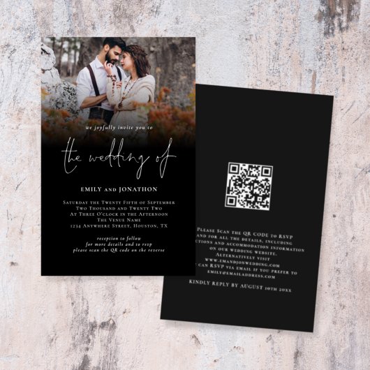 Budget Foto QR-codescript bruiloft Black Uitnodige
