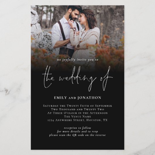 Budget Foto QR-codescript bruiloft Black Uitnodige (Voorkant)