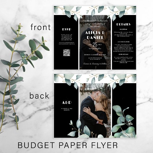 Budget foto rsvp details trifold zwart bruiloft flyer