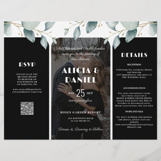 Budget foto rsvp details trifold zwart bruiloft flyer (Voorkant)