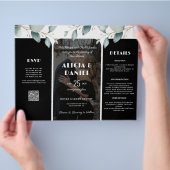 Budget foto rsvp details trifold zwart bruiloft flyer (Hand)