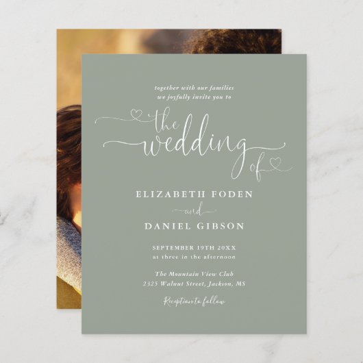 Budget Foto Sage Green Hearts Wedding Invite (Voorkant / Achterkant)