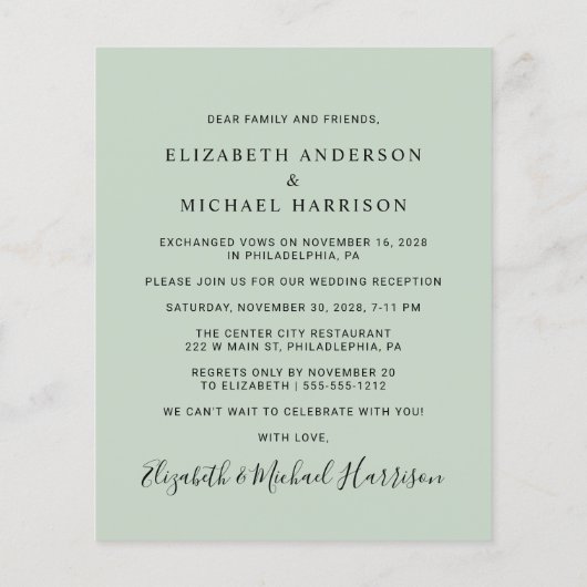 Budget Foto Sage Green Wedding Reception nodigt ui (Achterkant)