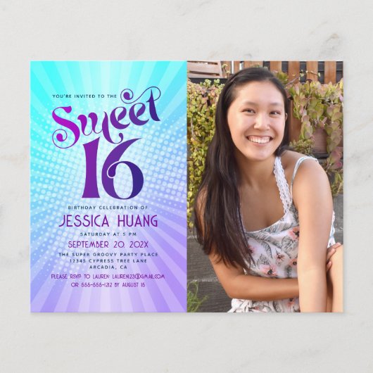 Budget foto Sweet 16 Paarse Blauwe Gradient Invite (Voorkant)