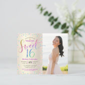 Budget Foto Sweet 16 Rainbow Glitter Gold Invite (Staand voorkant)