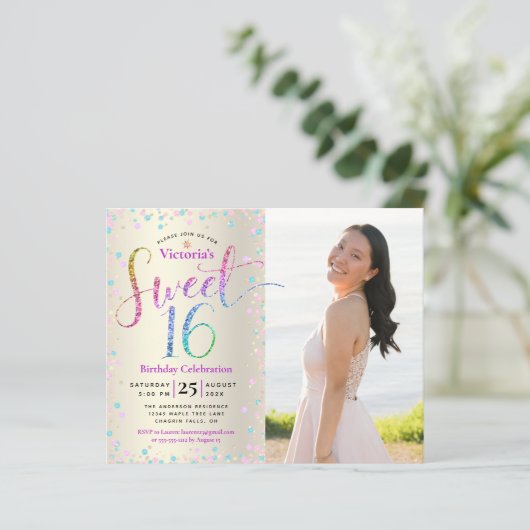 Budget Foto Sweet 16 Rainbow Glitter Gold Invite (Staand voorkant)