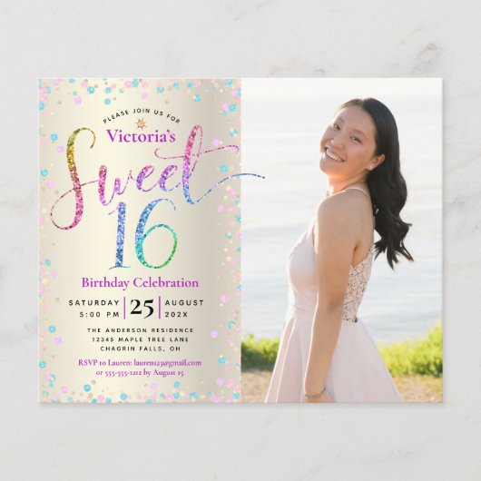 Budget Foto Sweet 16 Rainbow Glitter Gold Invite (Voorkant)