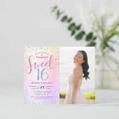 Budget Foto Sweet 16 Rainbow Glitter Uitnodiging (Staand voorkant)