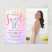 Budget Foto Sweet 16 Rainbow Glitter Uitnodiging (Voorkant)